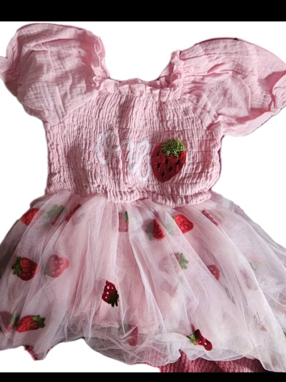 Strawberry Tulle Romper Dress 1st Birthday Party– Pink Smocked Puff sz 12m